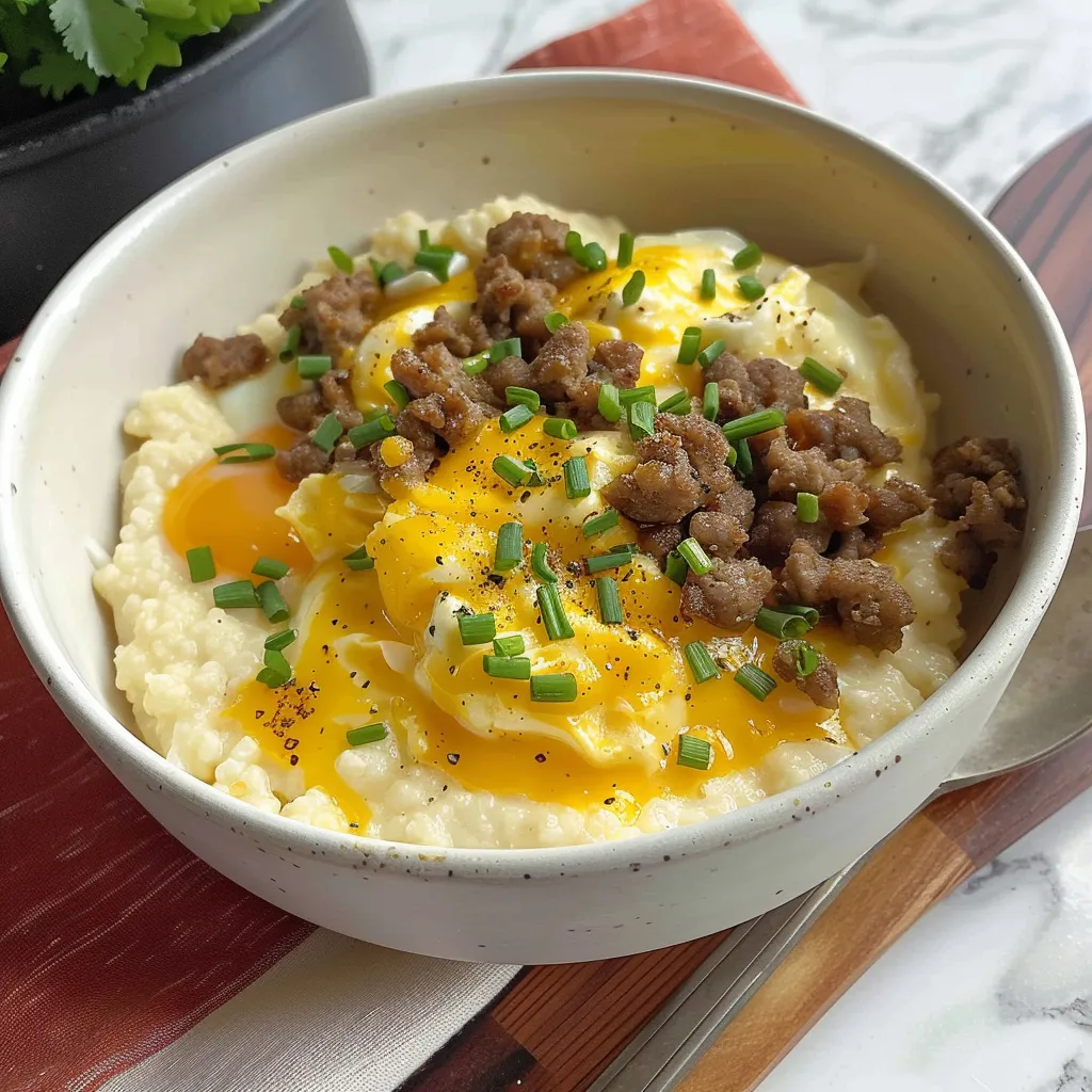 A bowl of food with eggs and sausage.