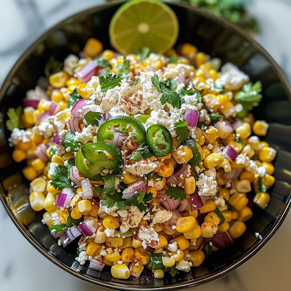 A bowl of food with onions, corn, and jalapenos.