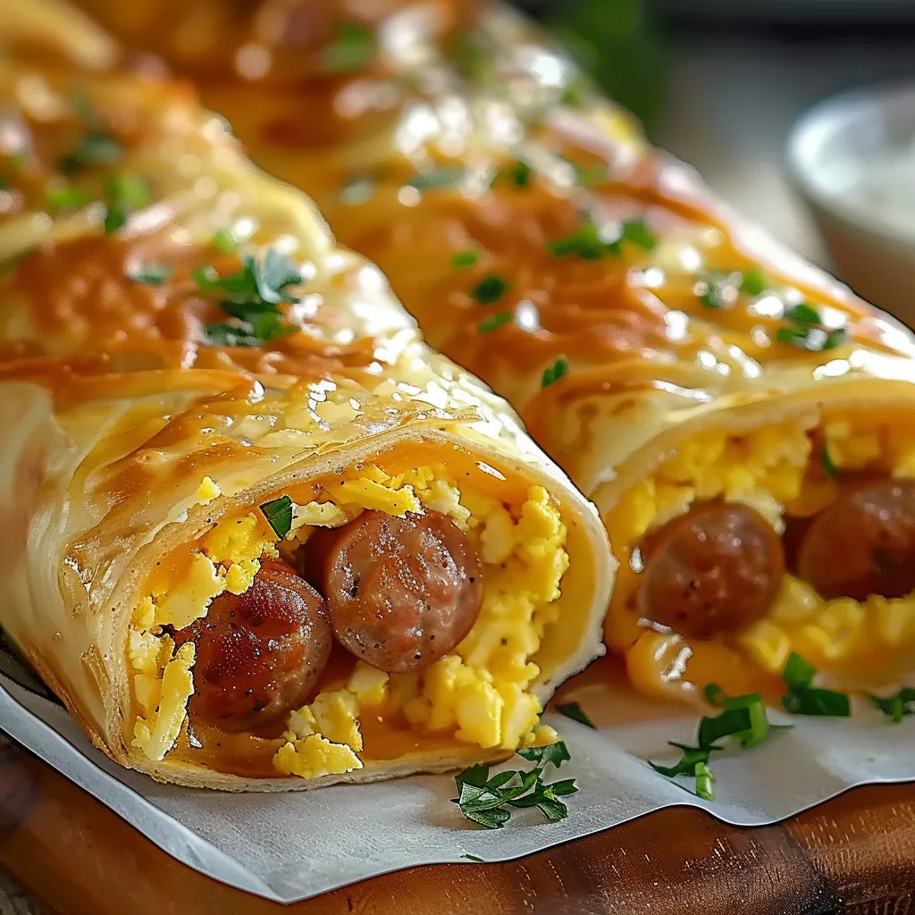 A delicious sausage roll with eggs and cheese.