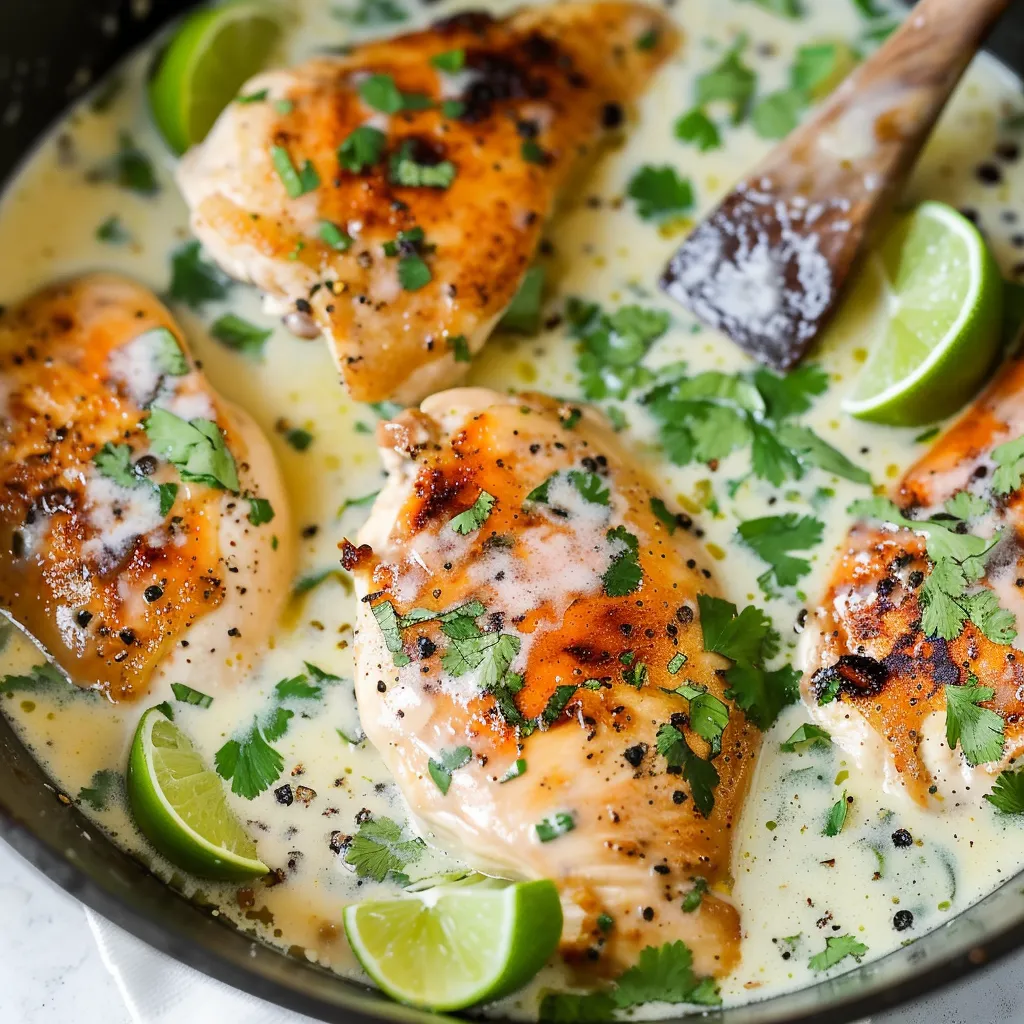 A bowl of chicken with lime wedges.