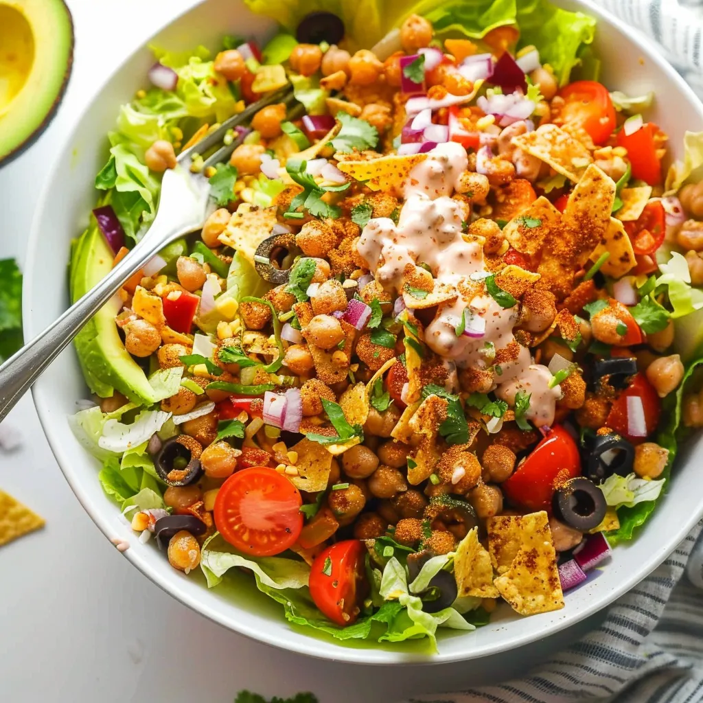 A bowl of salad with chips and avocado.