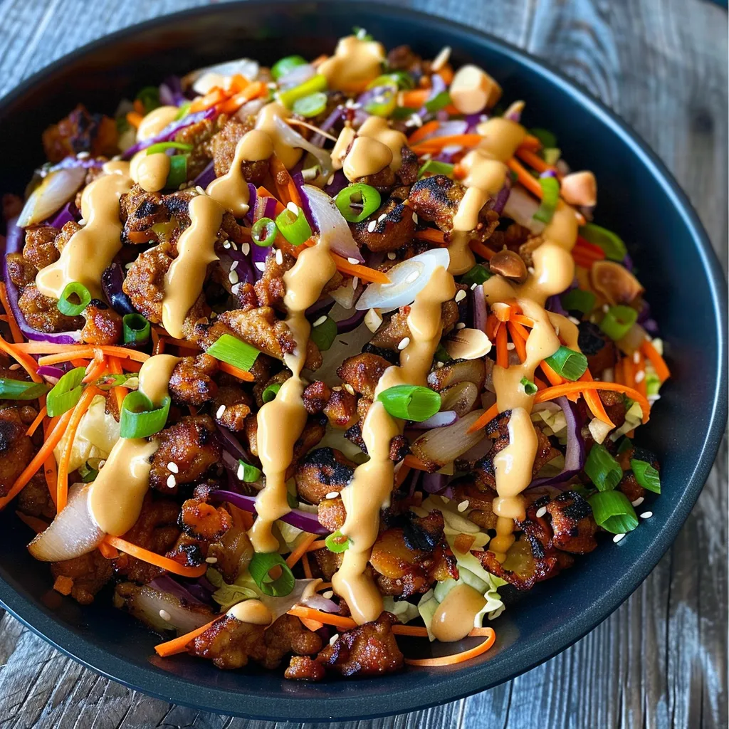A bowl of food with a sauce on top.