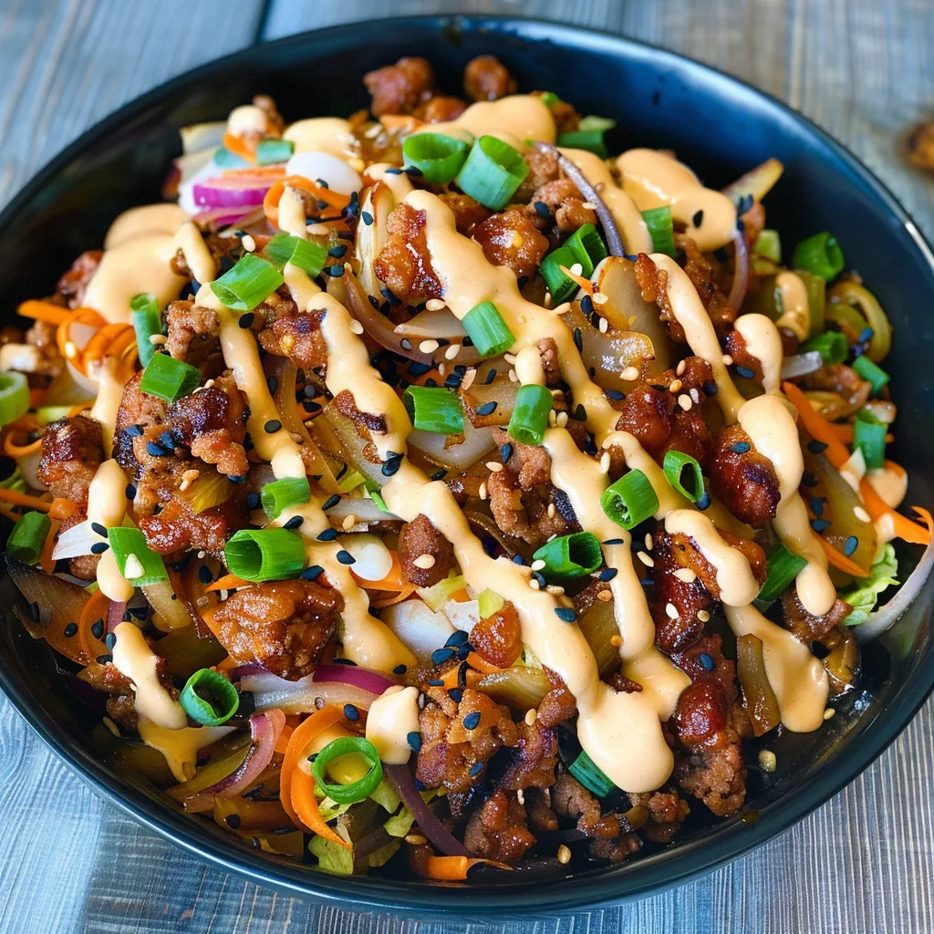 A bowl of meat and vegetables with a sauce.