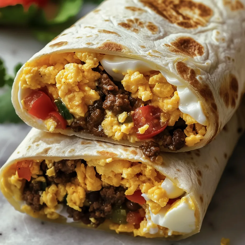 A breakfast burrito with eggs and meat.
