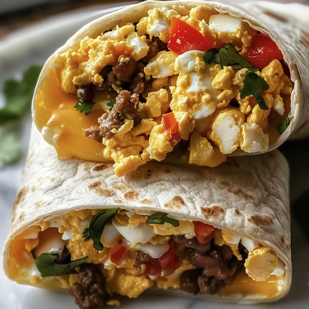 A breakfast burrito with eggs, cheese, and tomatoes.