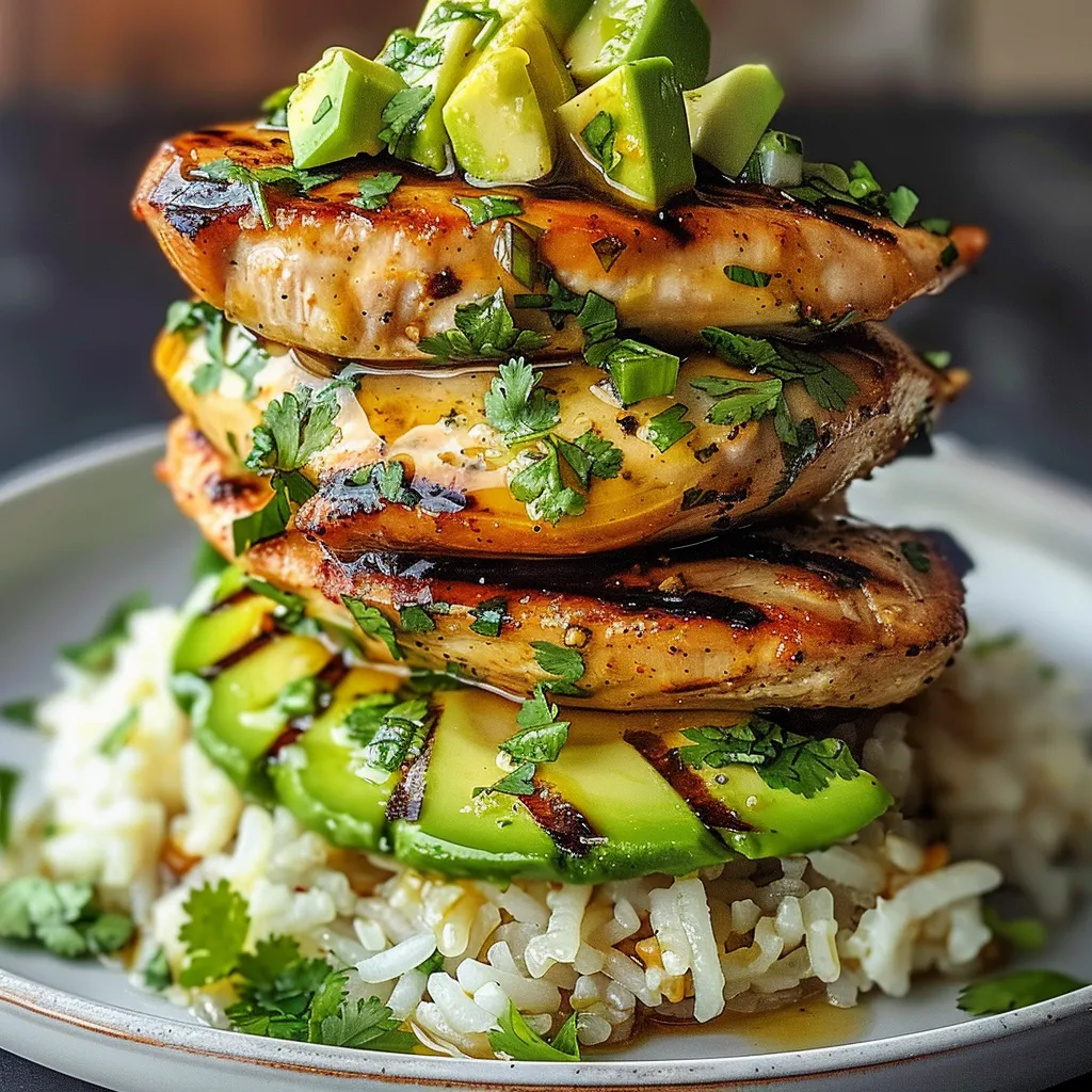 A plate of rice and chicken with avocado on top.