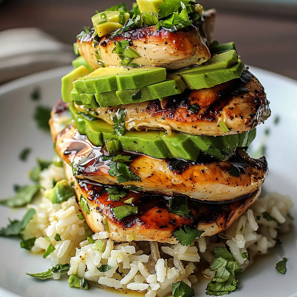 A stack of chicken with avocado on top.
