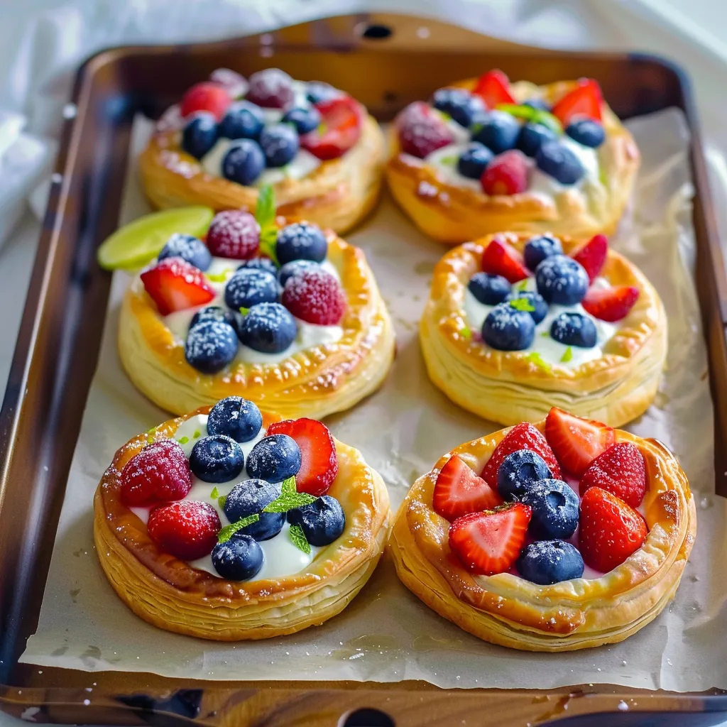 A tray of pastries with berries and cream.