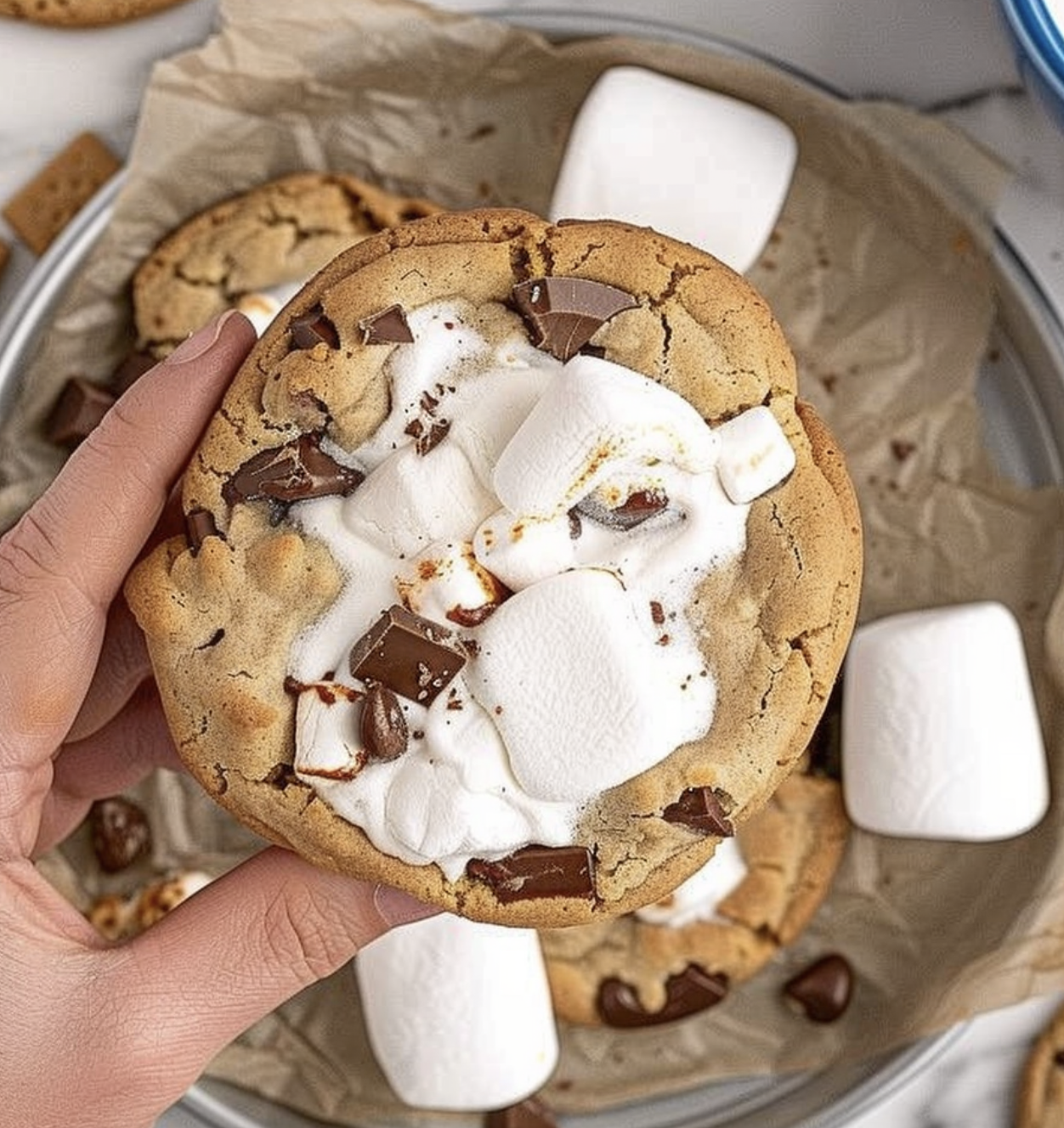 A person holding a cookie with marshmallows and chocolate.