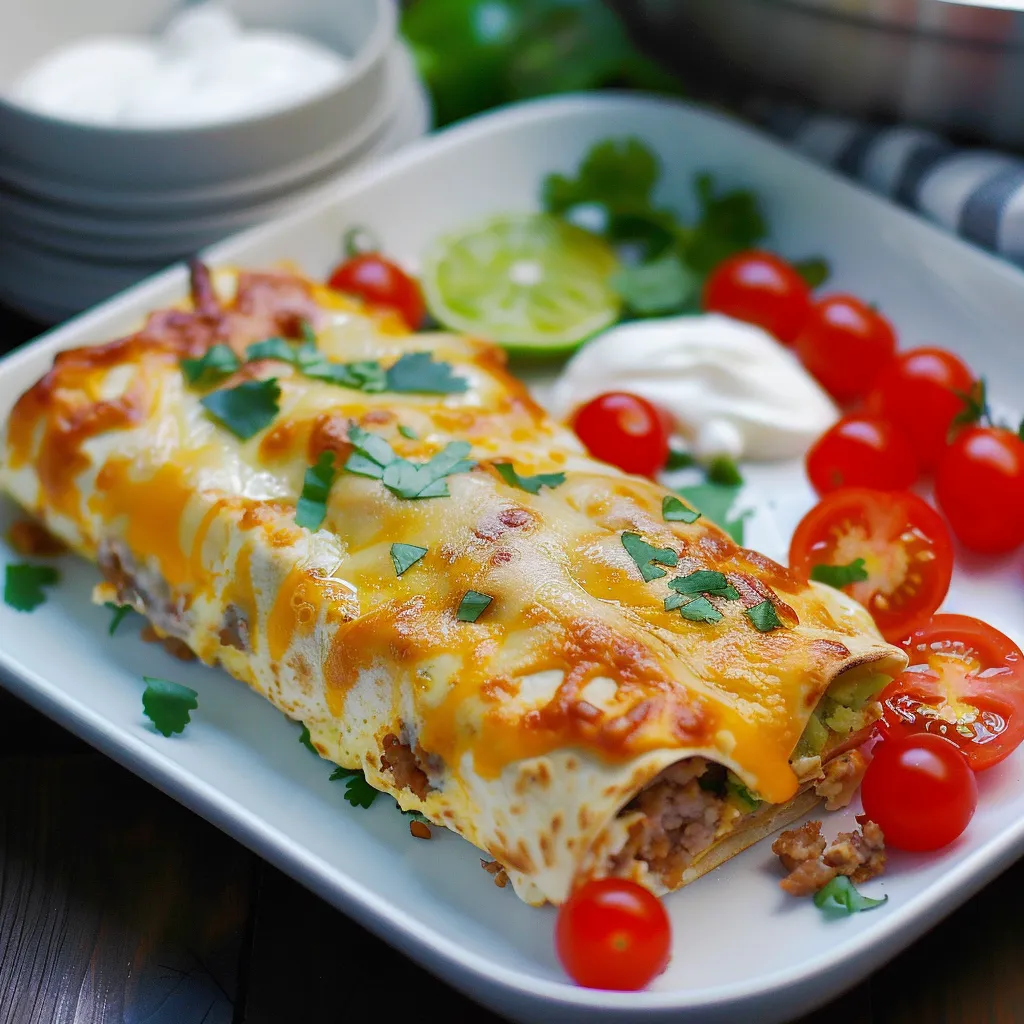 A plate of food with a burrito, tomatoes, and sour cream.