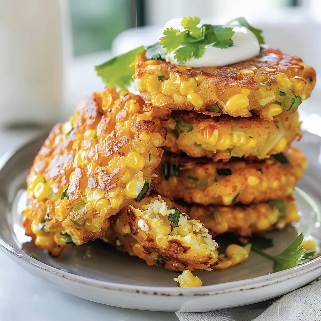 A stack of corn cakes with a dollop of sour cream on top.