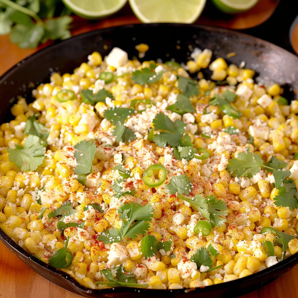 A pan of food with corn, cheese, and peppers.