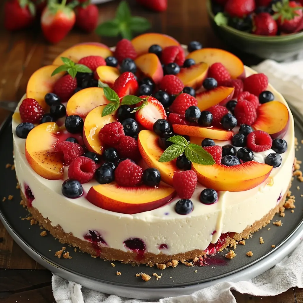 A slice of cake with blueberries and strawberries on top.