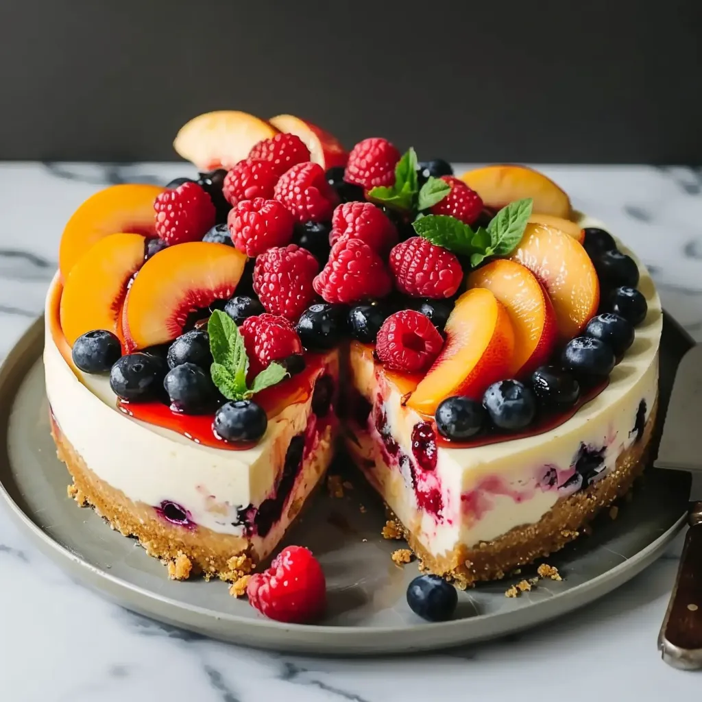 A slice of cake with raspberries and blueberries on top.