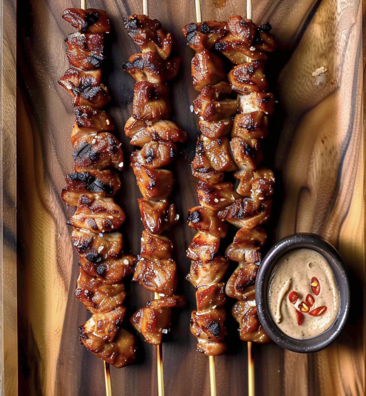 A wooden tray with three skewers of meat and a bowl of sauce.