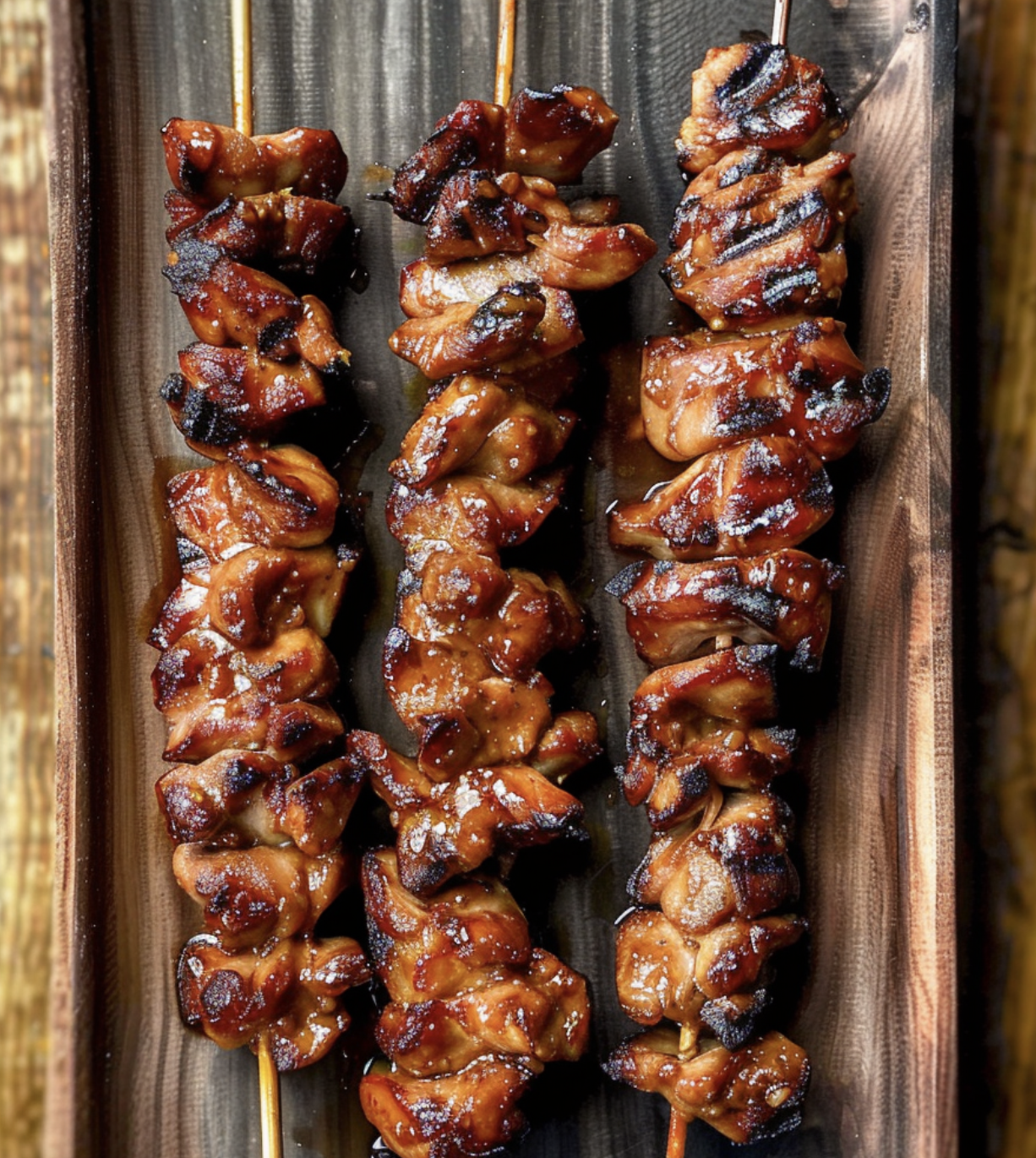 A wooden tray with two skewers of meat.