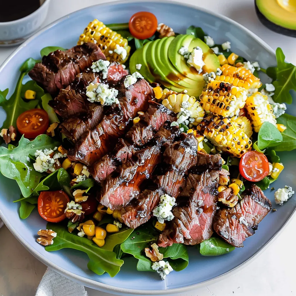 A plate of food with meat, corn, and avocado.