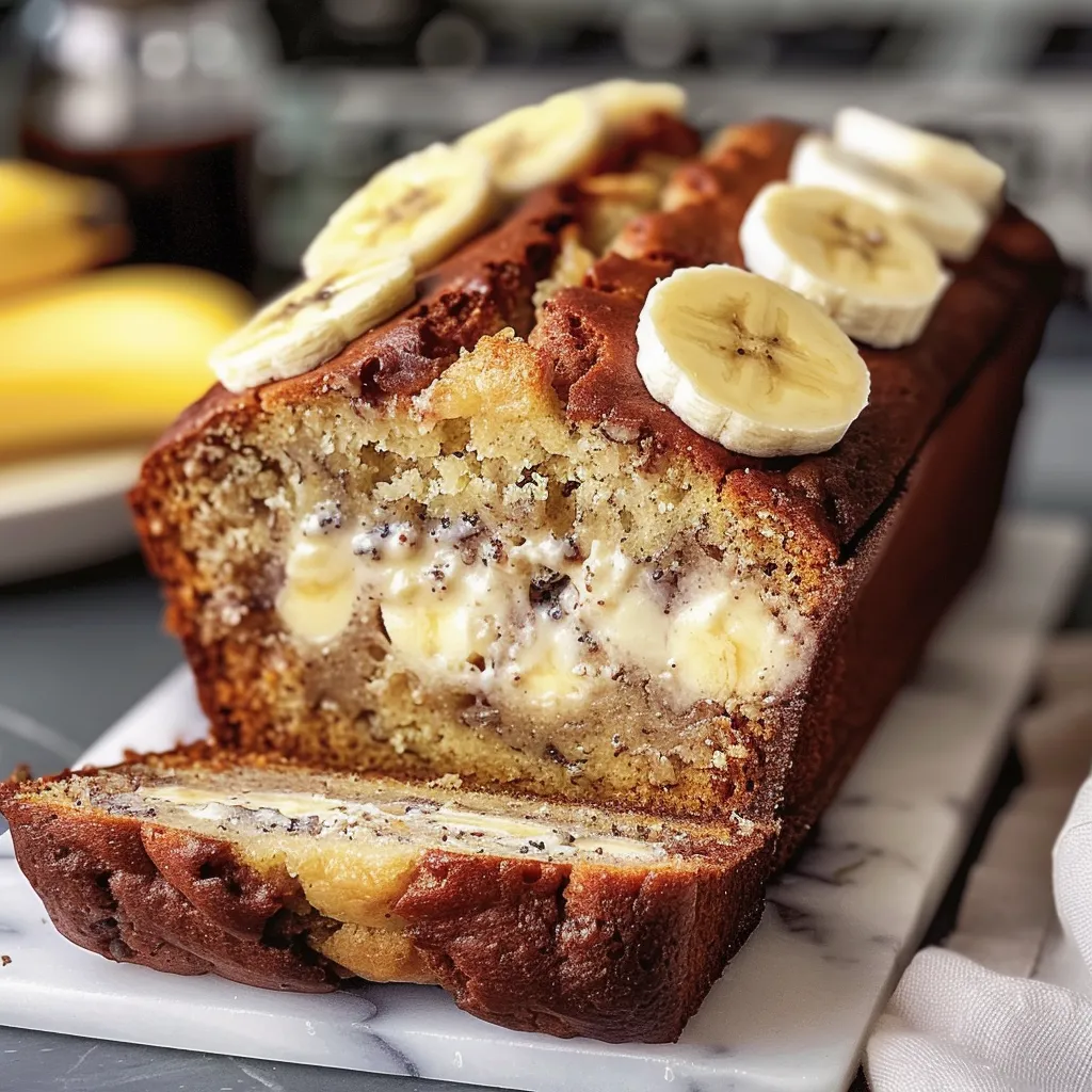 A slice of banana bread with banana slices on top.