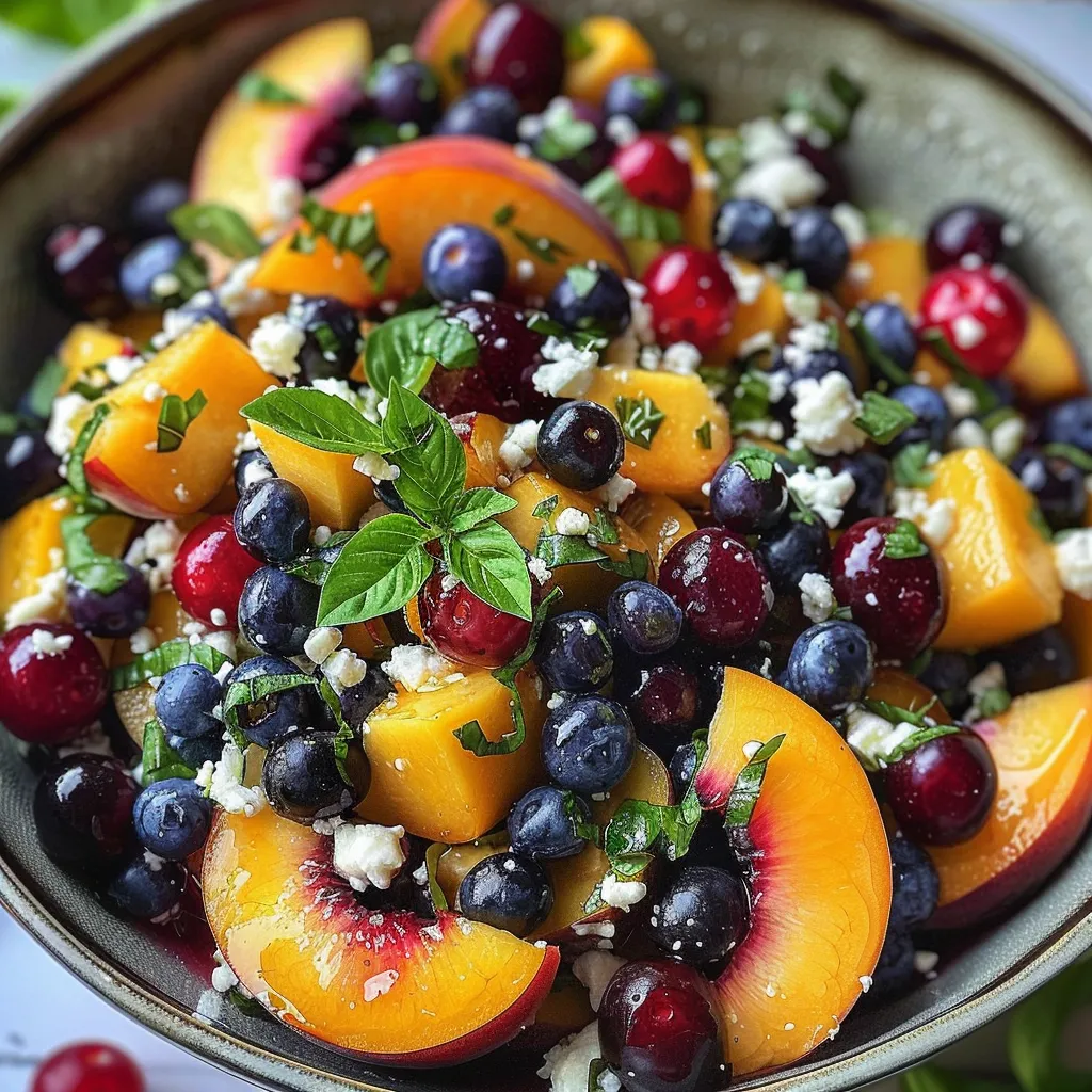 A bowl of fruit with blueberries, peaches, and cherries.