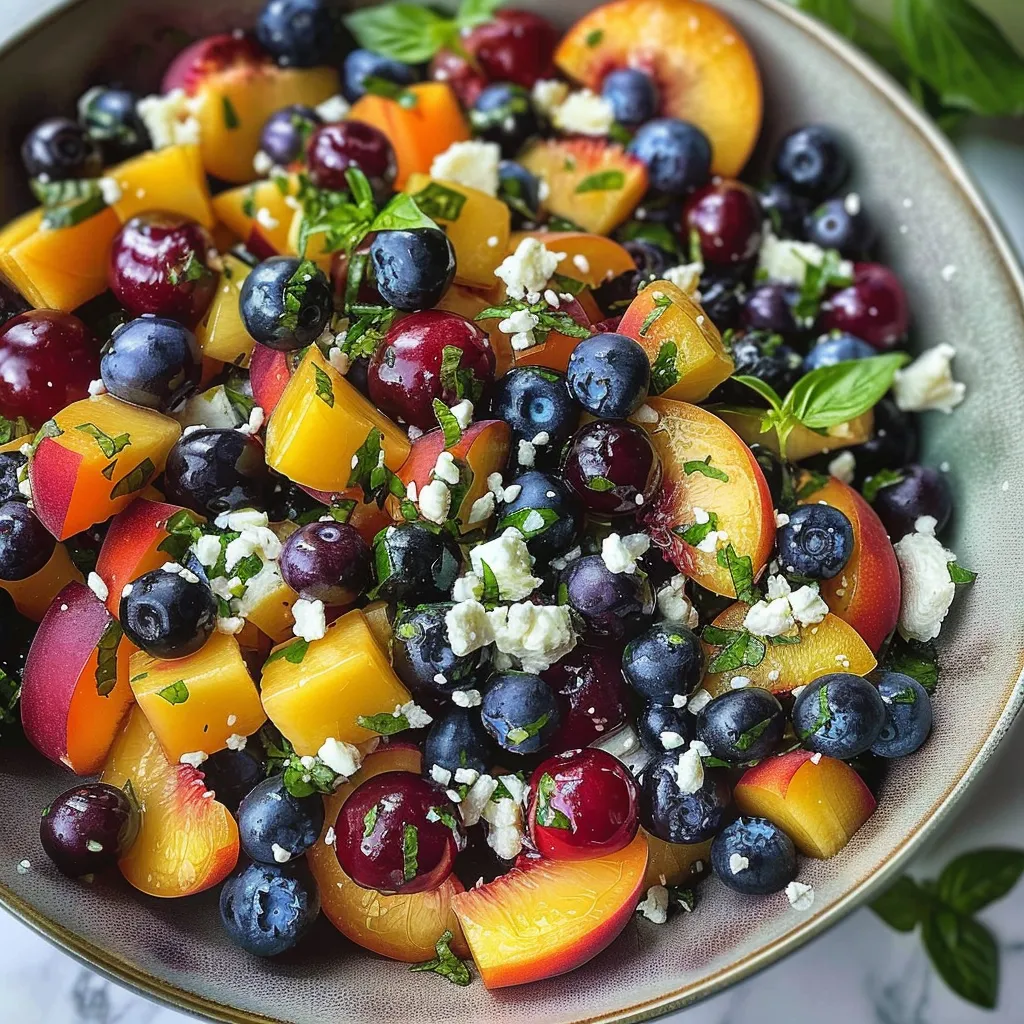 A bowl of fruit with blueberries, peaches, and other fruits.