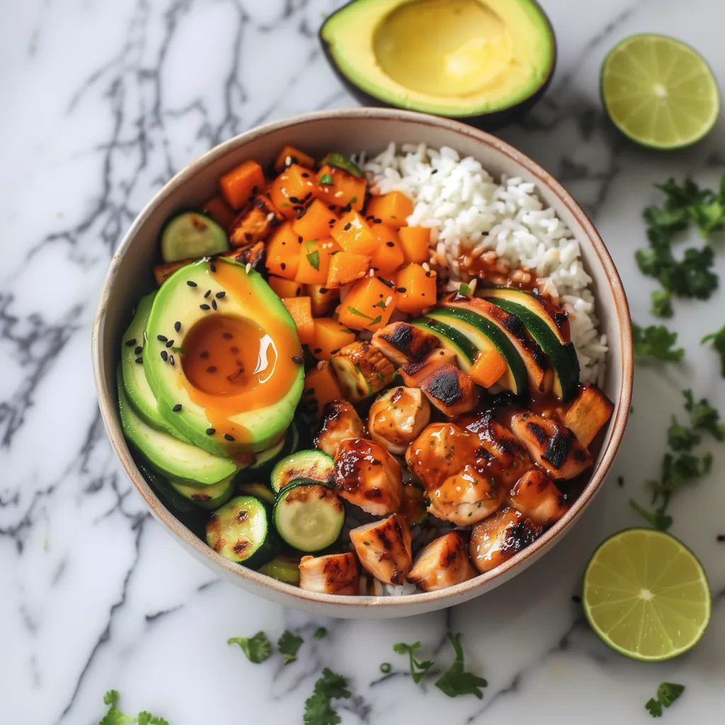 A bowl of food with rice, meat, and vegetables.