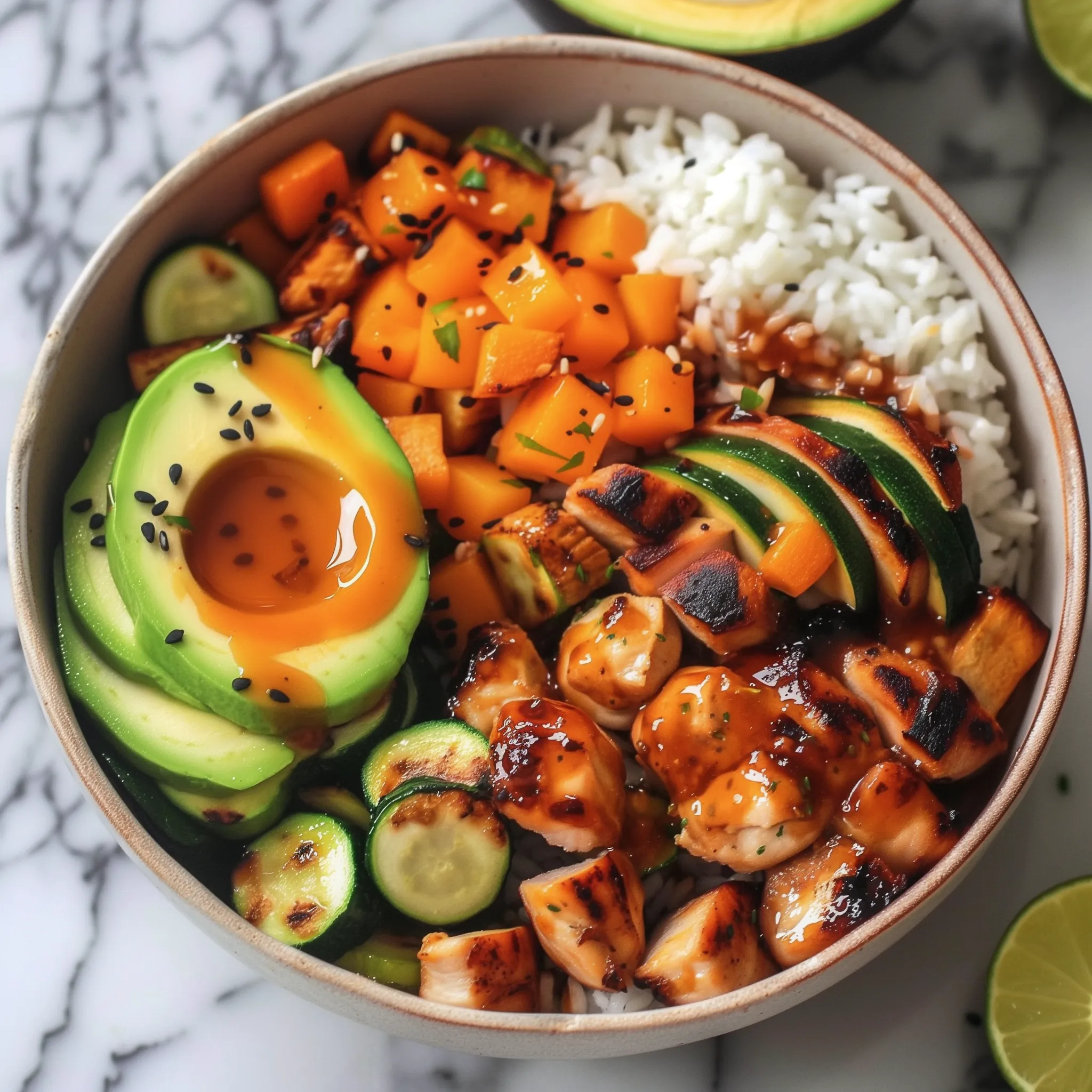 A bowl of food with rice, chicken, and vegetables.