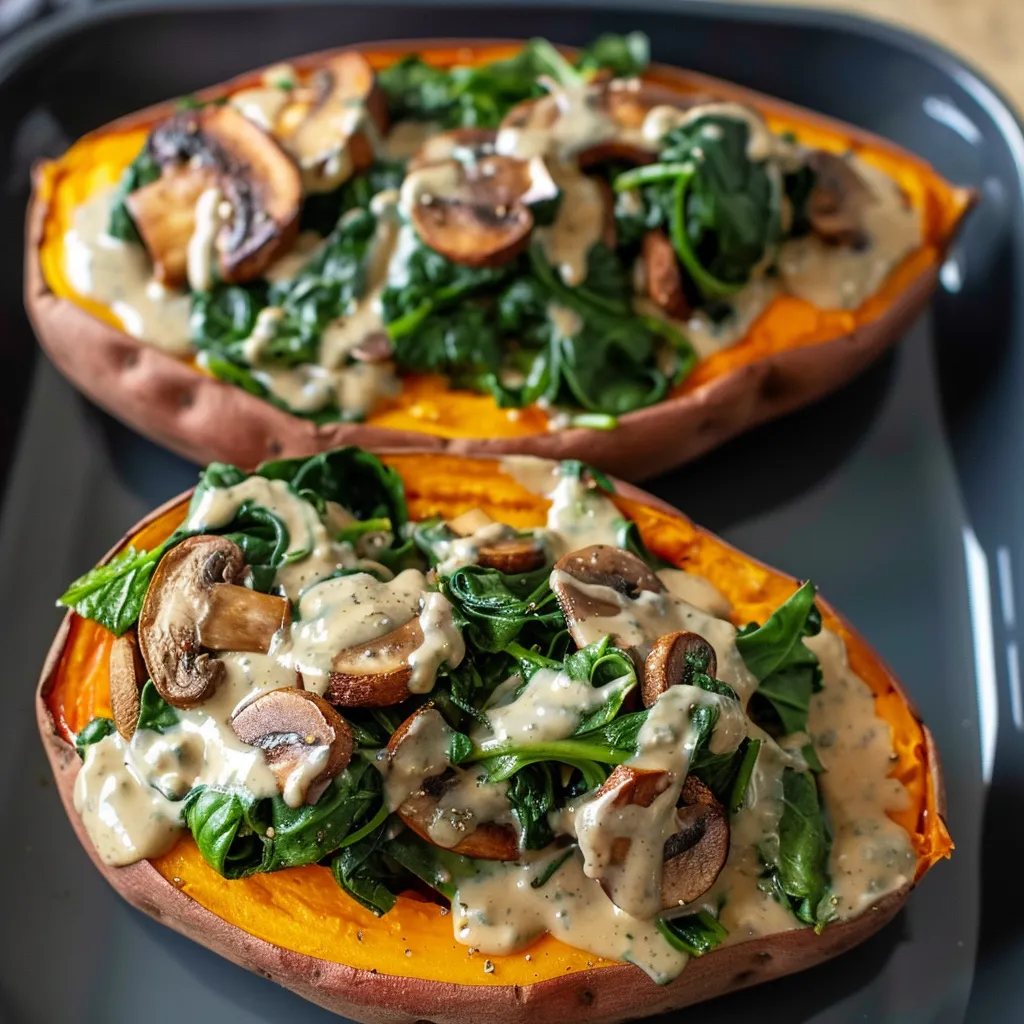 Two sliced sweet potatoes with mushrooms and greens.