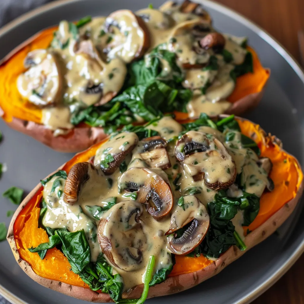 Two sliced baked sweet potatoes with mushrooms and greens.