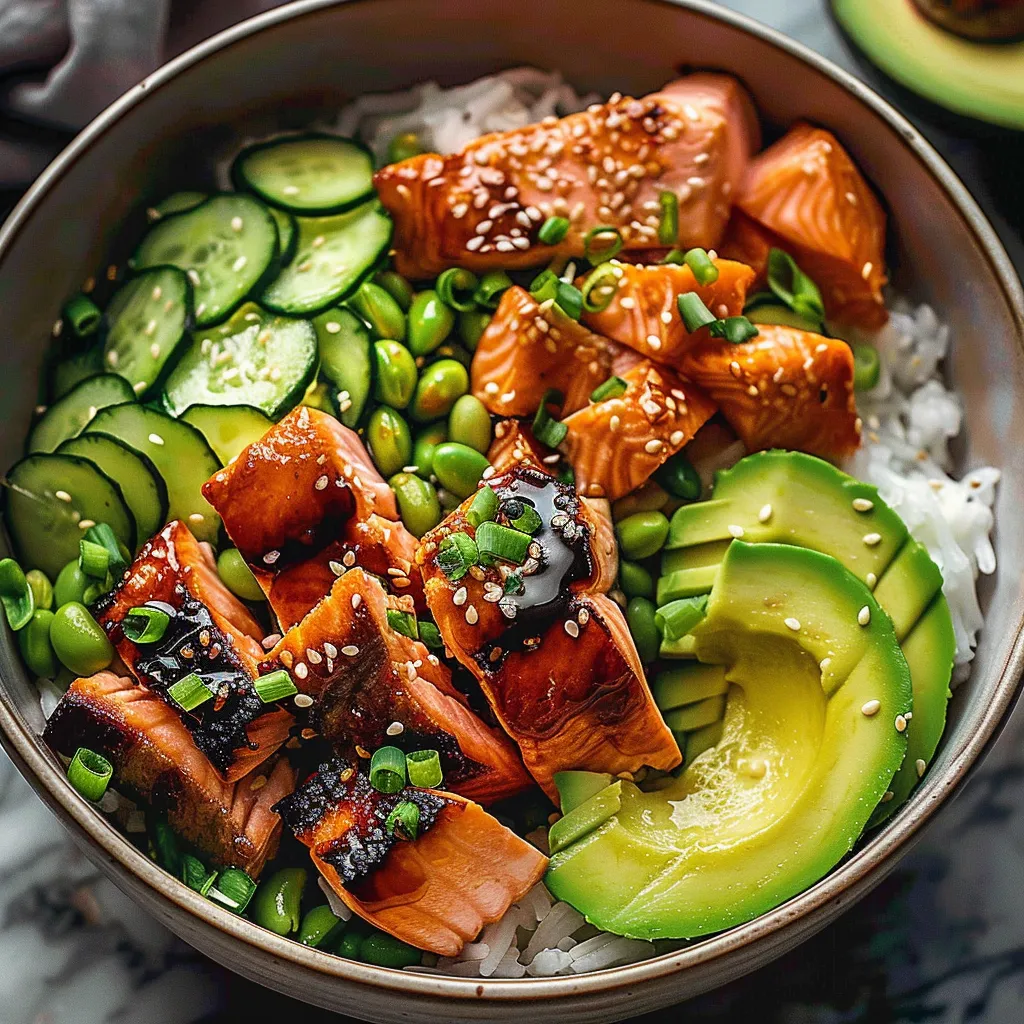 A bowl of food with fish, rice, and vegetables.