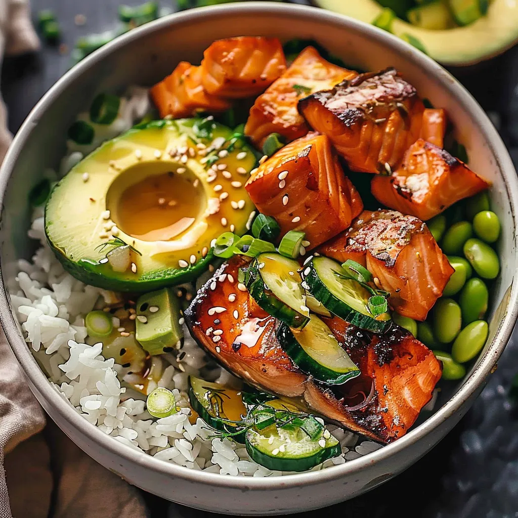 A bowl of food with rice, fish, and vegetables.