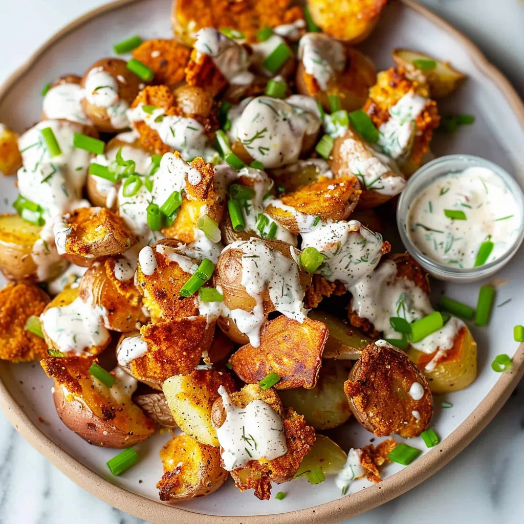 A plate of food with potatoes and sauce.