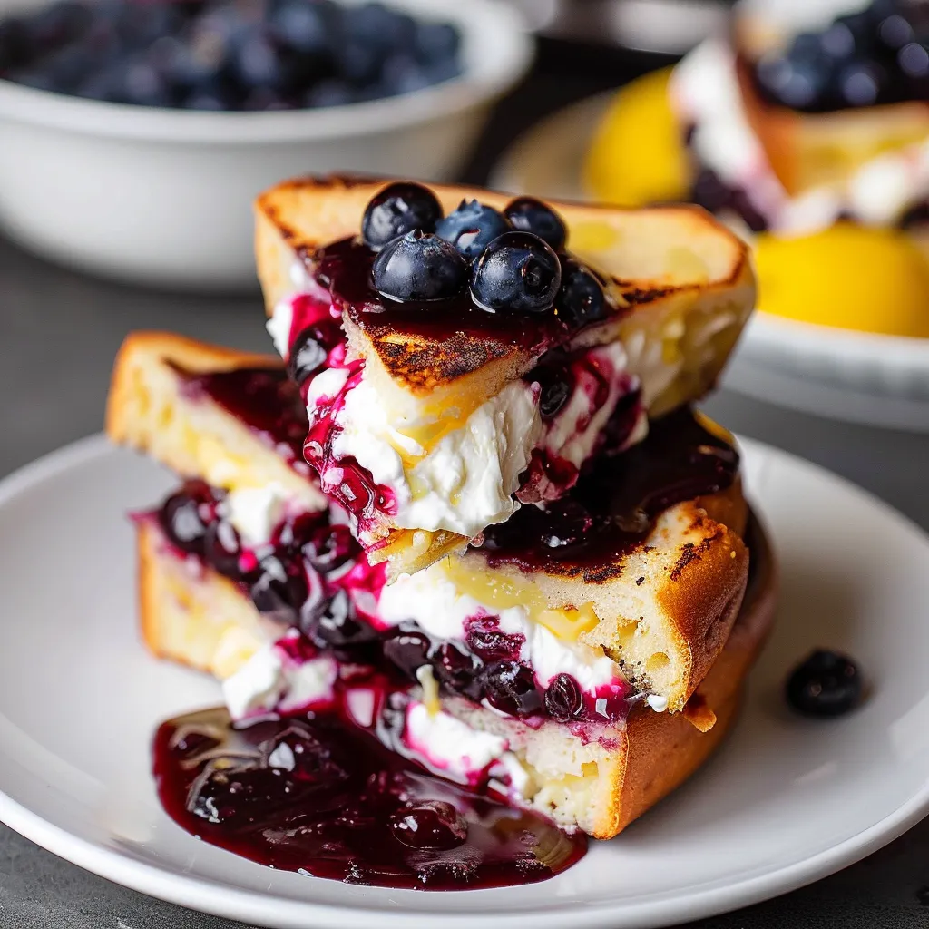 A stack of blueberry pancakes with whipped cream.