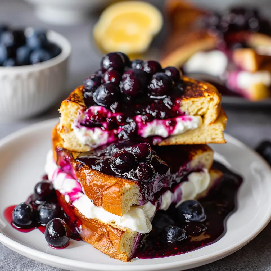 A stack of blueberry pancakes with whipped cream.