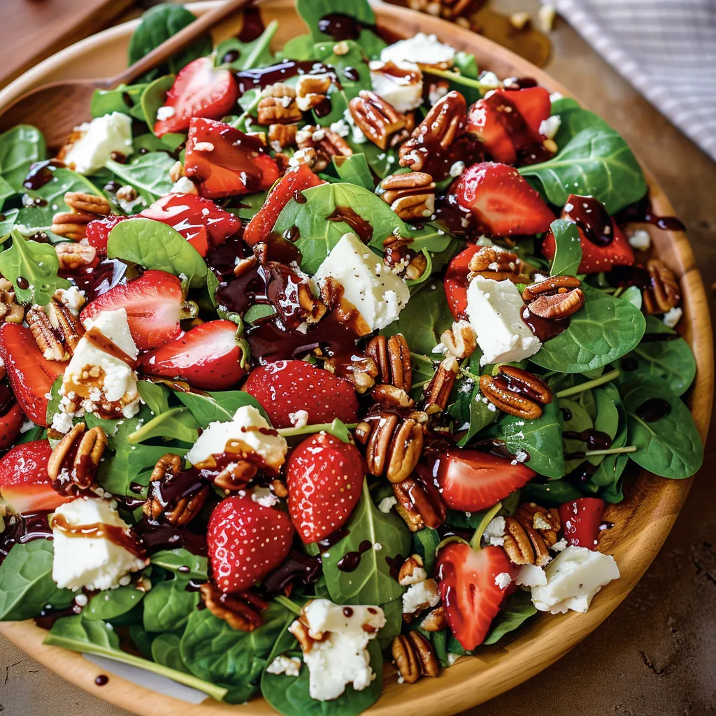A salad with strawberries, pecans, and cheese.