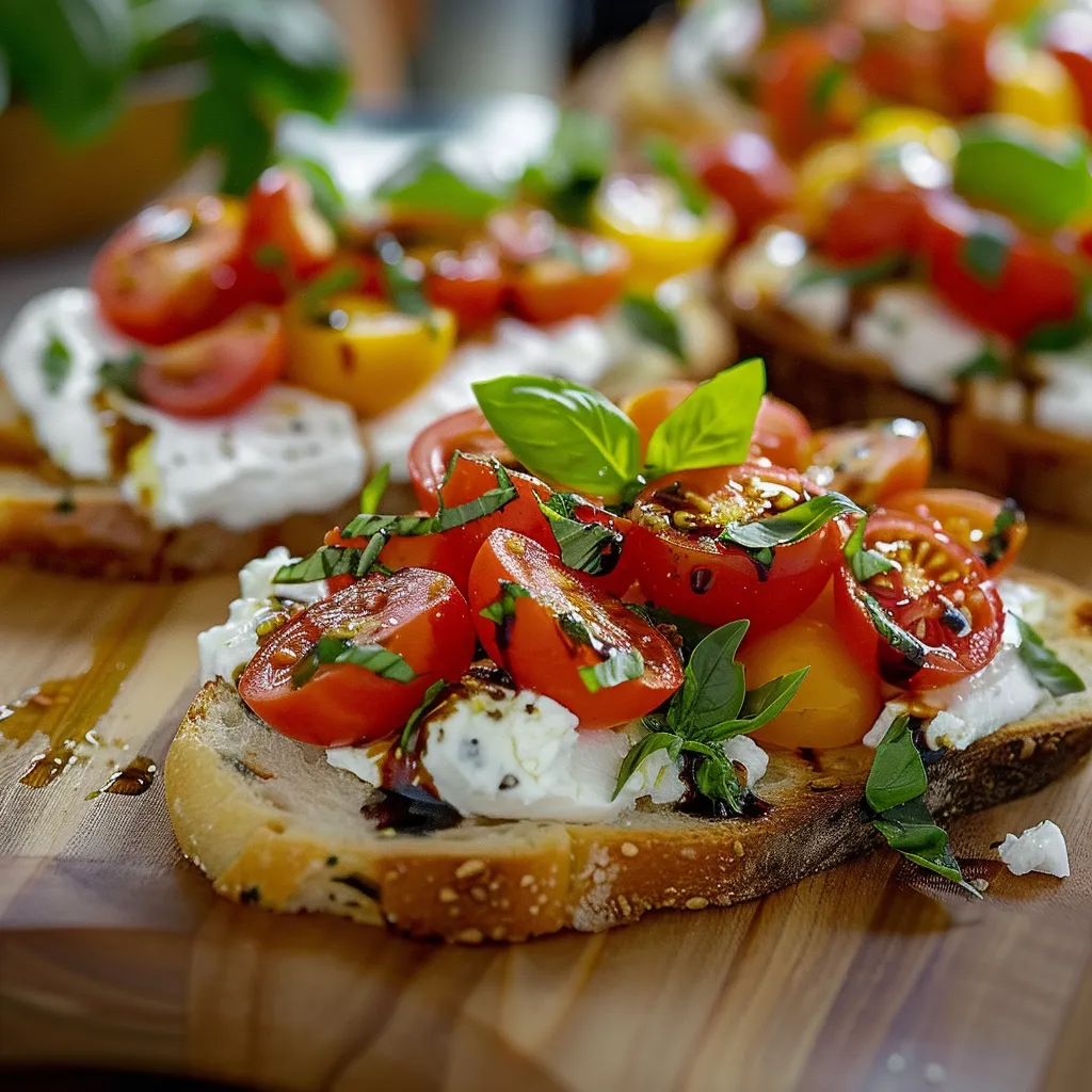 A plate of food with tomatoes and cheese on a wooden table.