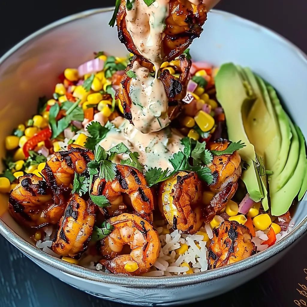A bowl of shrimp with sauce and avocado.