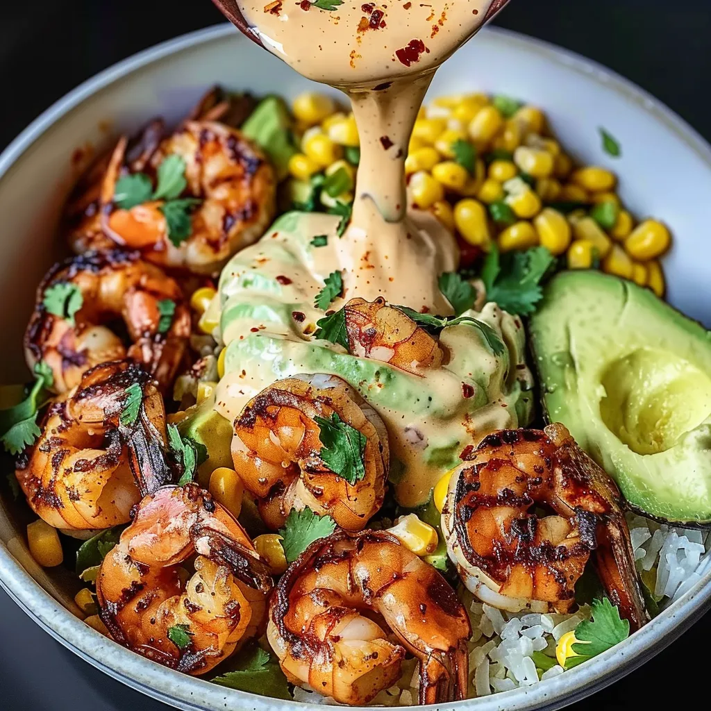 A bowl of shrimp and rice with a spoon in it.