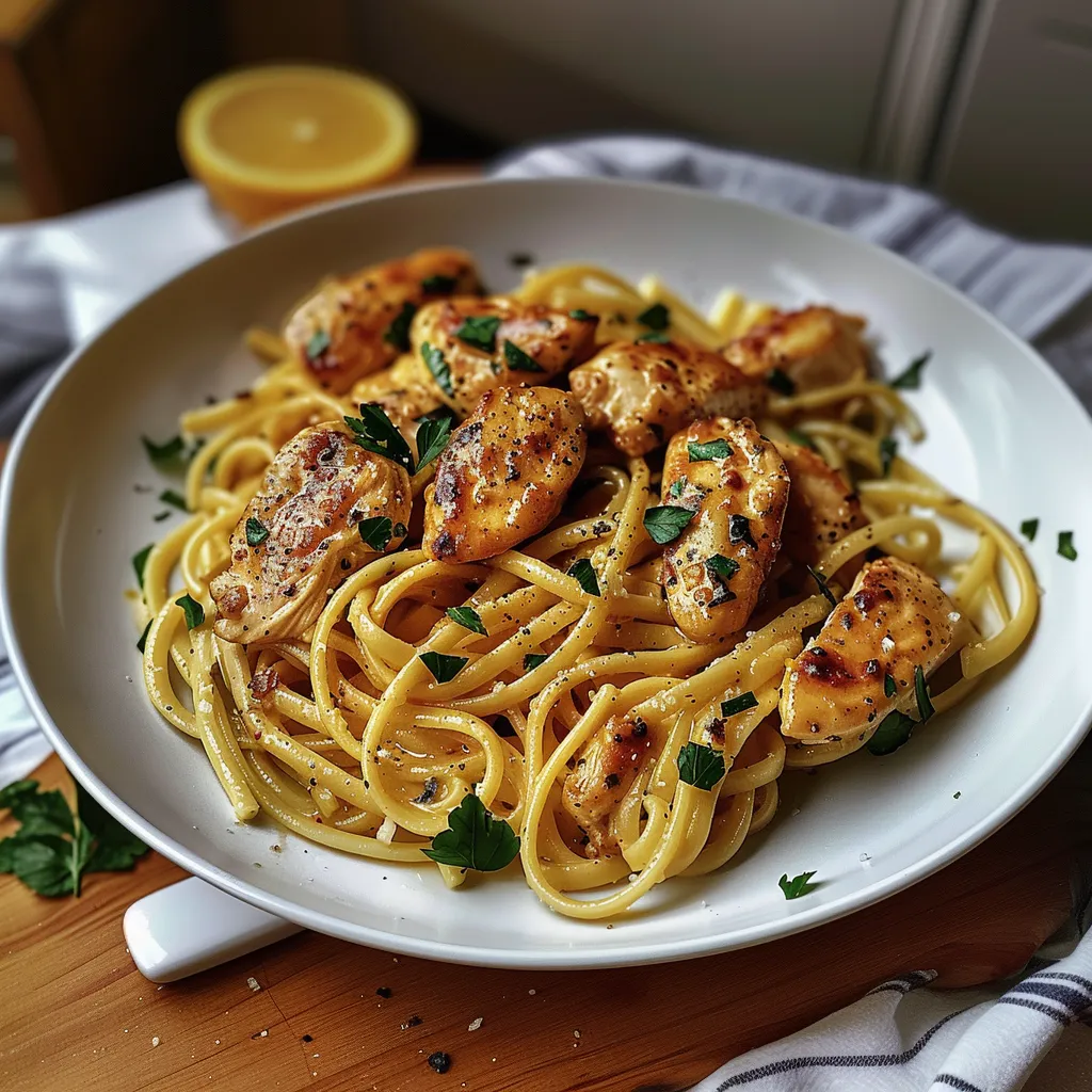 A plate of chicken and pasta.
