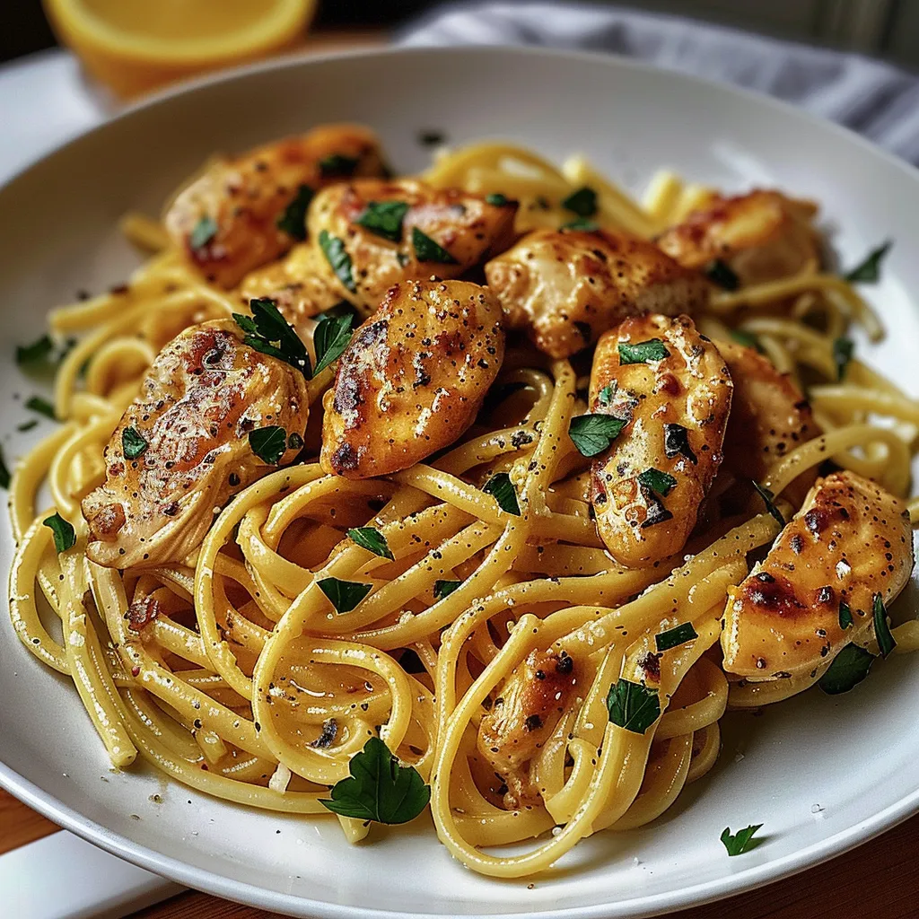 A plate of chicken and pasta.