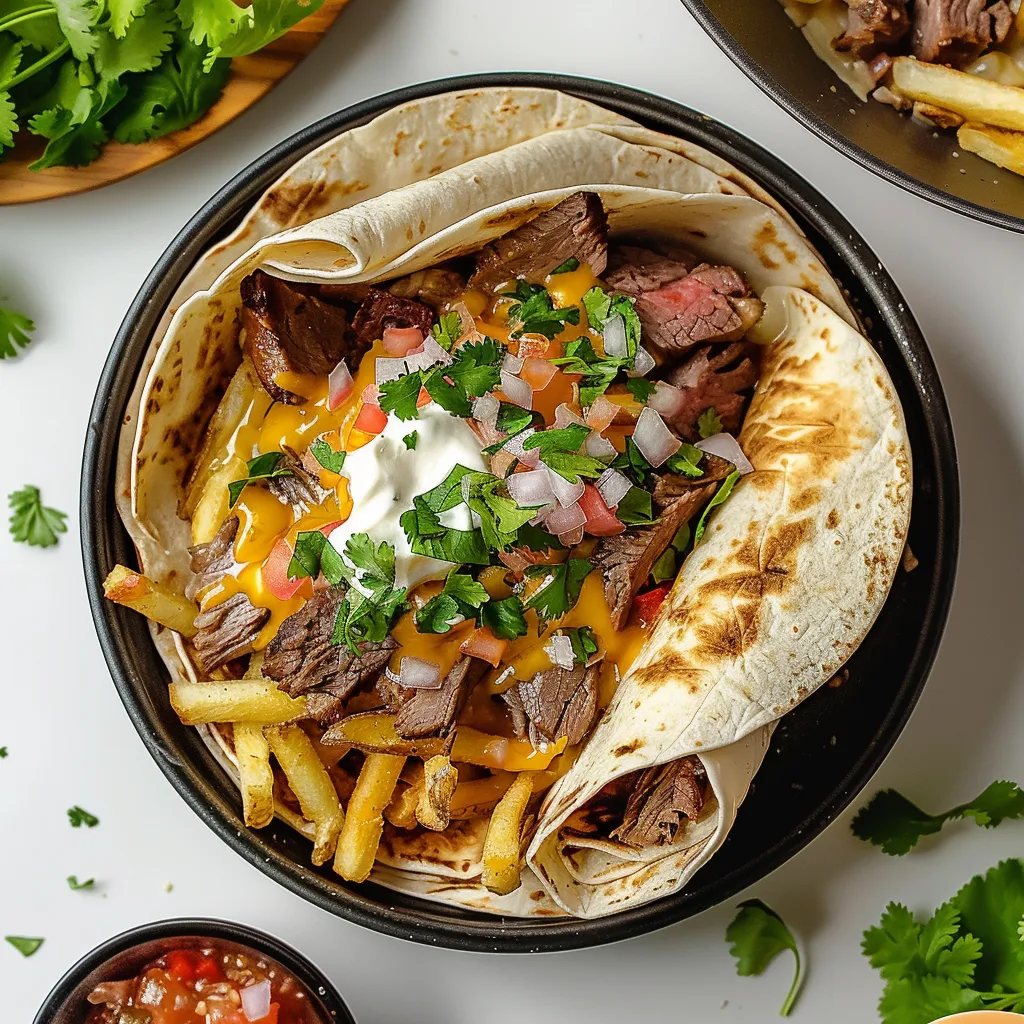 A bowl of food with a burrito and fries.
