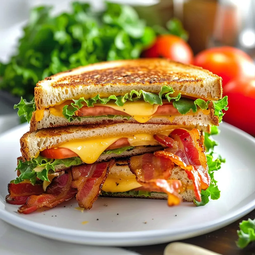 A sandwich with bacon and lettuce on a white plate.
