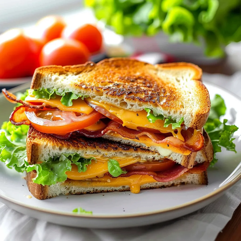 A sandwich with bacon, lettuce, tomato and cheese.