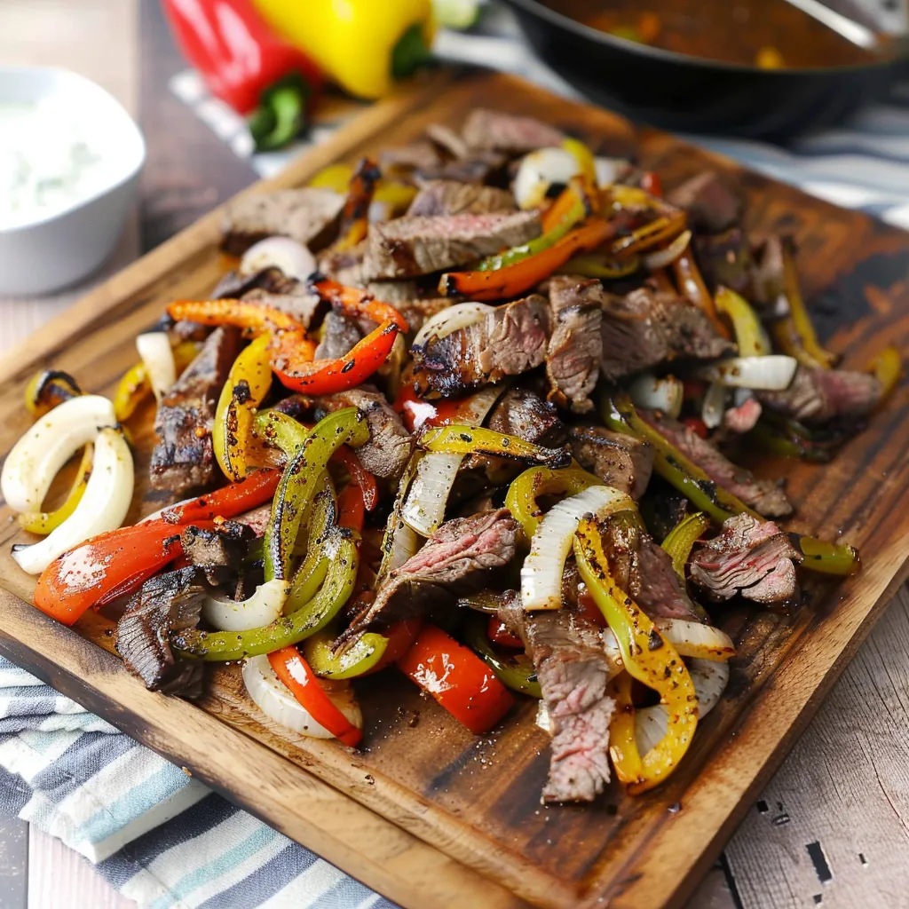 A wooden cutting board with a variety of vegetables and meat.
