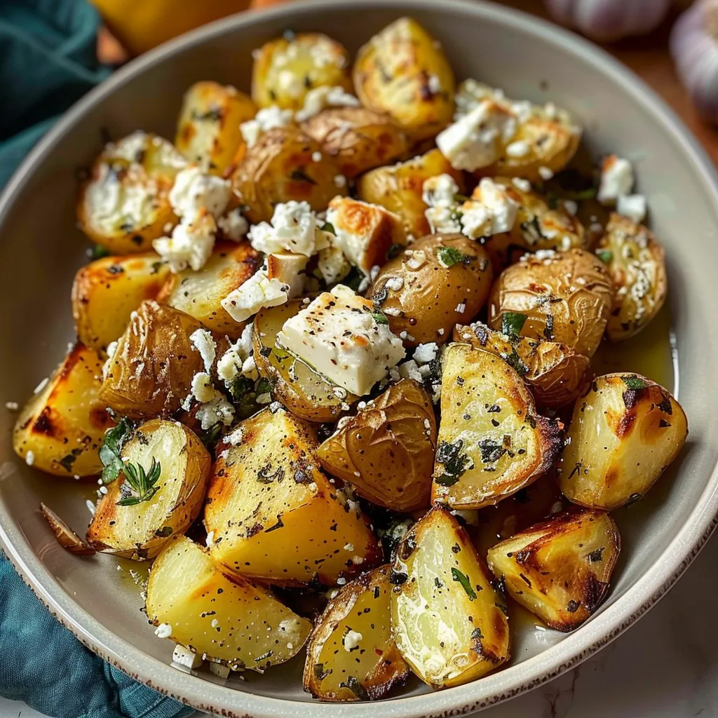 A bowl of food with feta cheese and potatoes.
