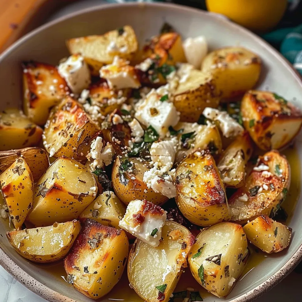 A bowl of food with potatoes, cheese, and herbs.