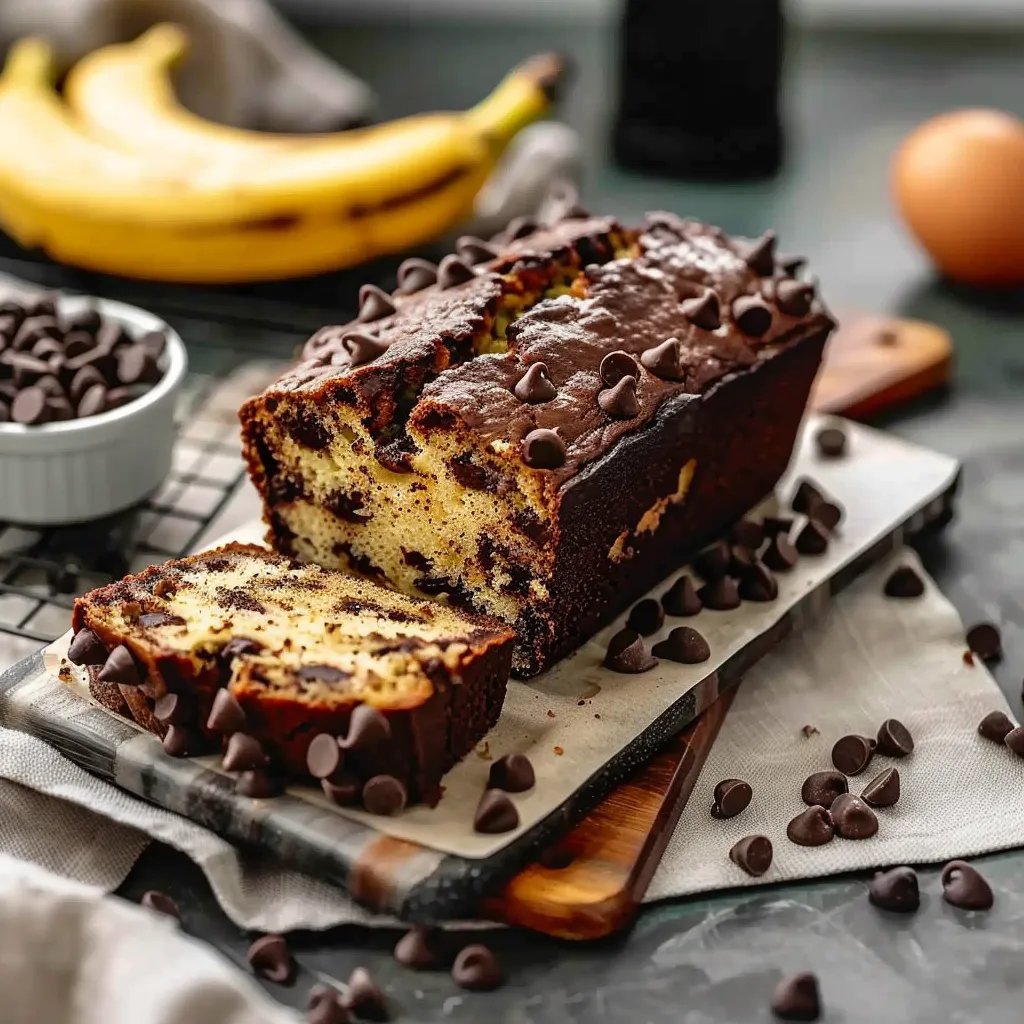 A slice of chocolate cake with chocolate chips.