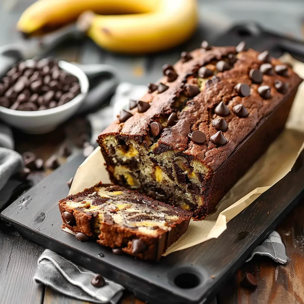 A slice of chocolate cake with chocolate chips.