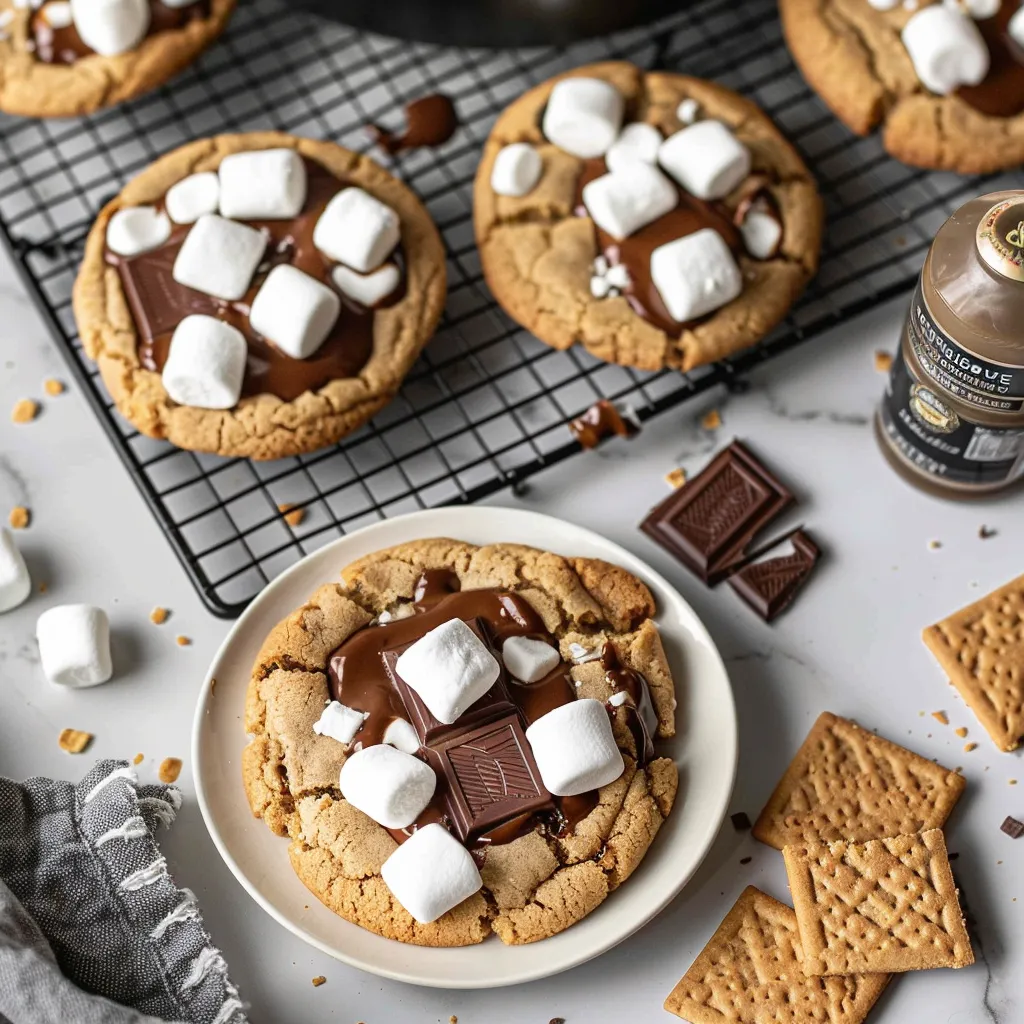 Marshmallows and chocolate chips on a cookie.