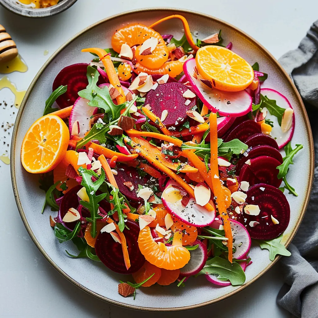 A plate of vegetables and oranges.