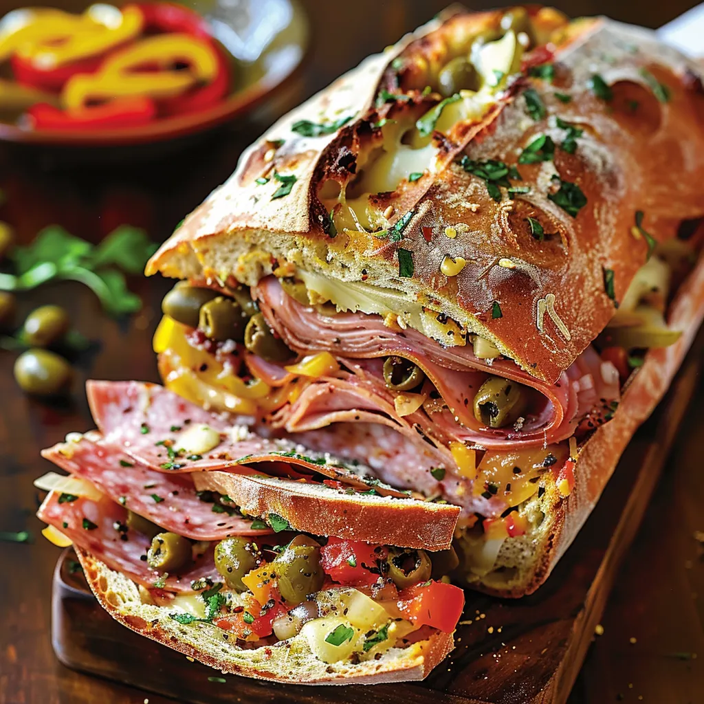 A sandwich with meat and vegetables on a wooden cutting board.